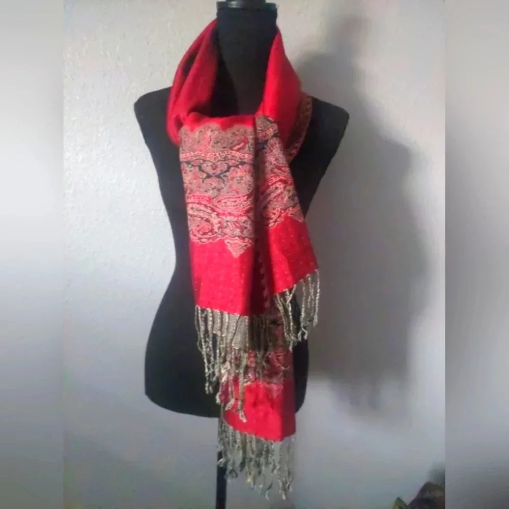 Pashmina silk blend Shawl Scarf Wrap red  Tassels ethnic Bohemian luxury